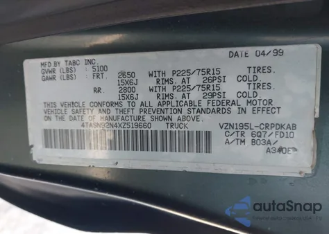 1999 Toyota Tacoma Prerunner V6 из США, поврежденный, VIN 4TASN92N4XZ519660